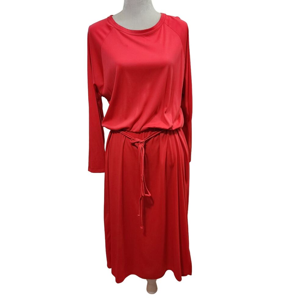 Vintage 70s Sears long sleeve elastic tie waist red blousen dress womans size 18
